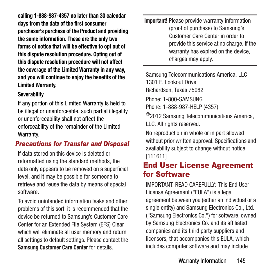 End user license agreement for software, End user license agreement, For software | Samsung SPH-L300ZSAVMU User Manual | Page 149 / 161