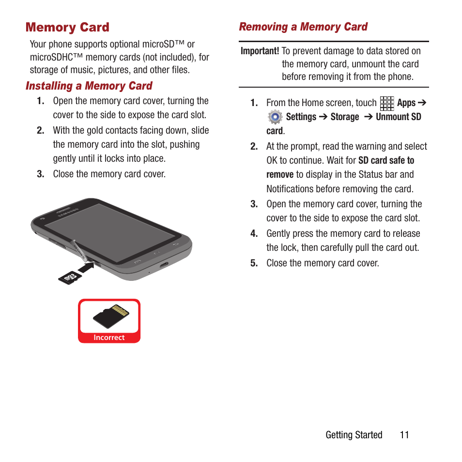 Memory card | Samsung SPH-L300ZSAVMU User Manual | Page 15 / 161