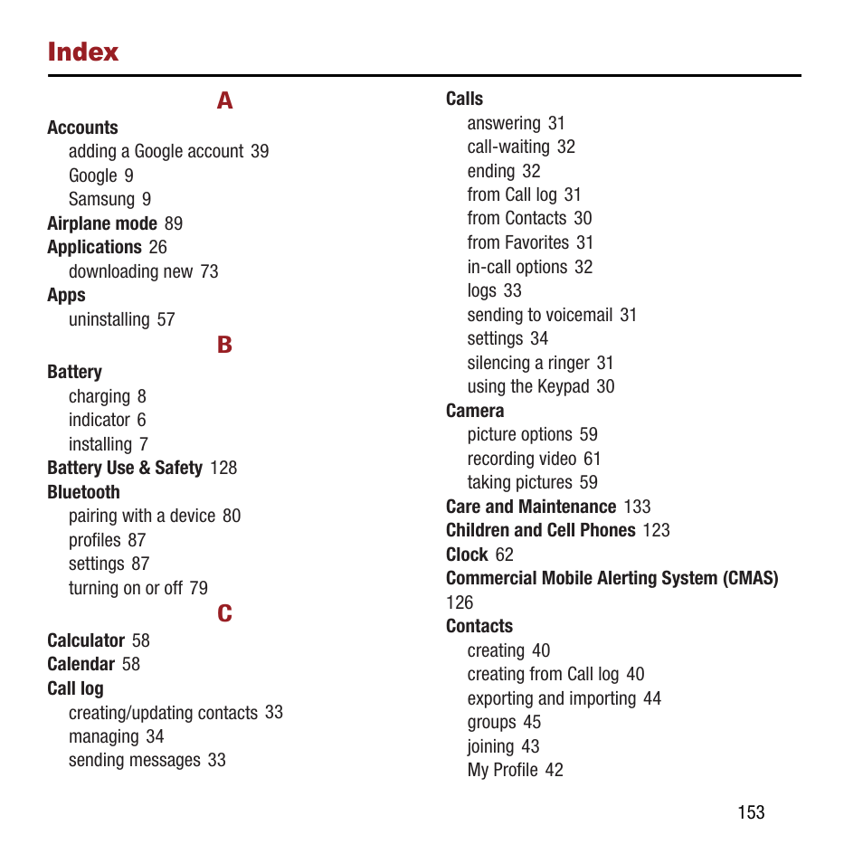 Index | Samsung SPH-L300ZSAVMU User Manual | Page 157 / 161