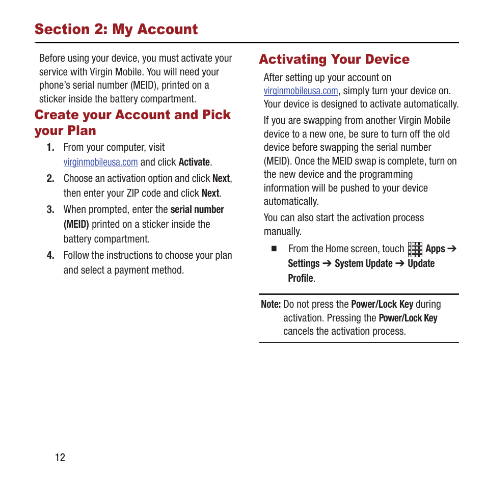 Section 2: my account, Create your account and pick your plan, Activating your device | Create your account and, Pick your plan | Samsung SPH-L300ZSAVMU User Manual | Page 16 / 161