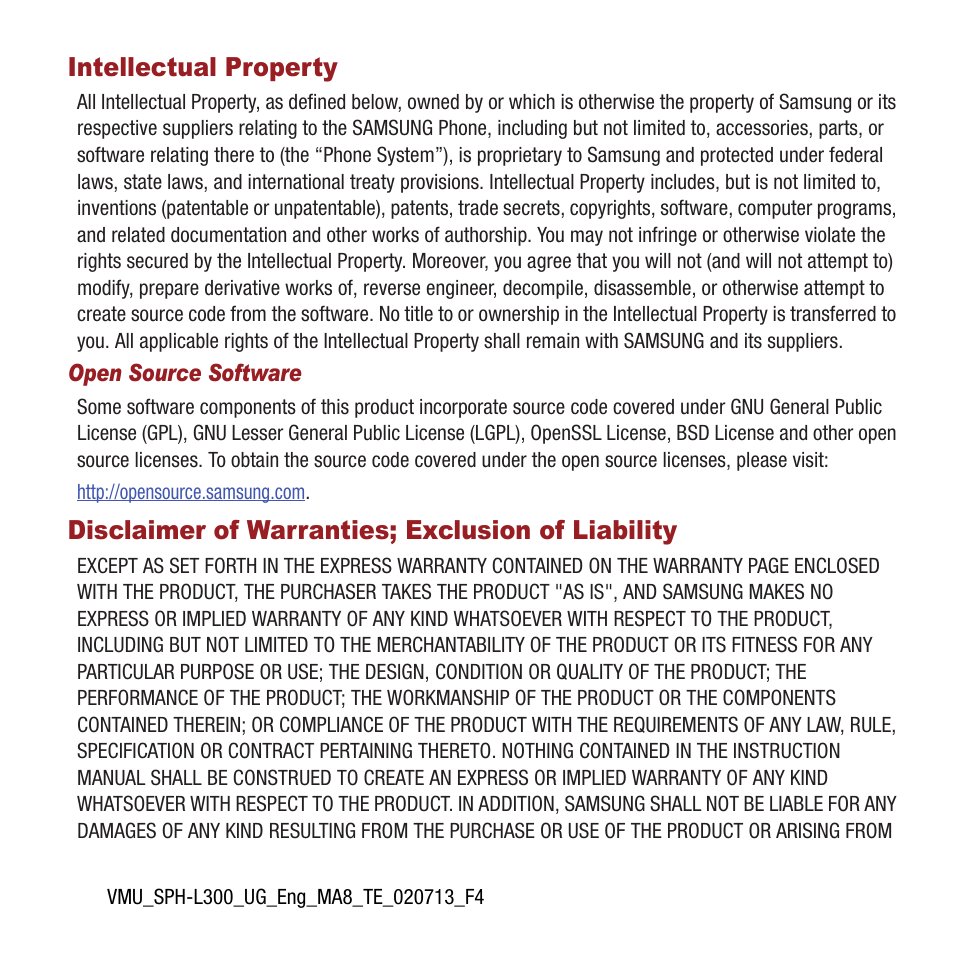 Intellectual property, Disclaimer of warranties; exclusion of liability | Samsung SPH-L300ZSAVMU User Manual | Page 2 / 161