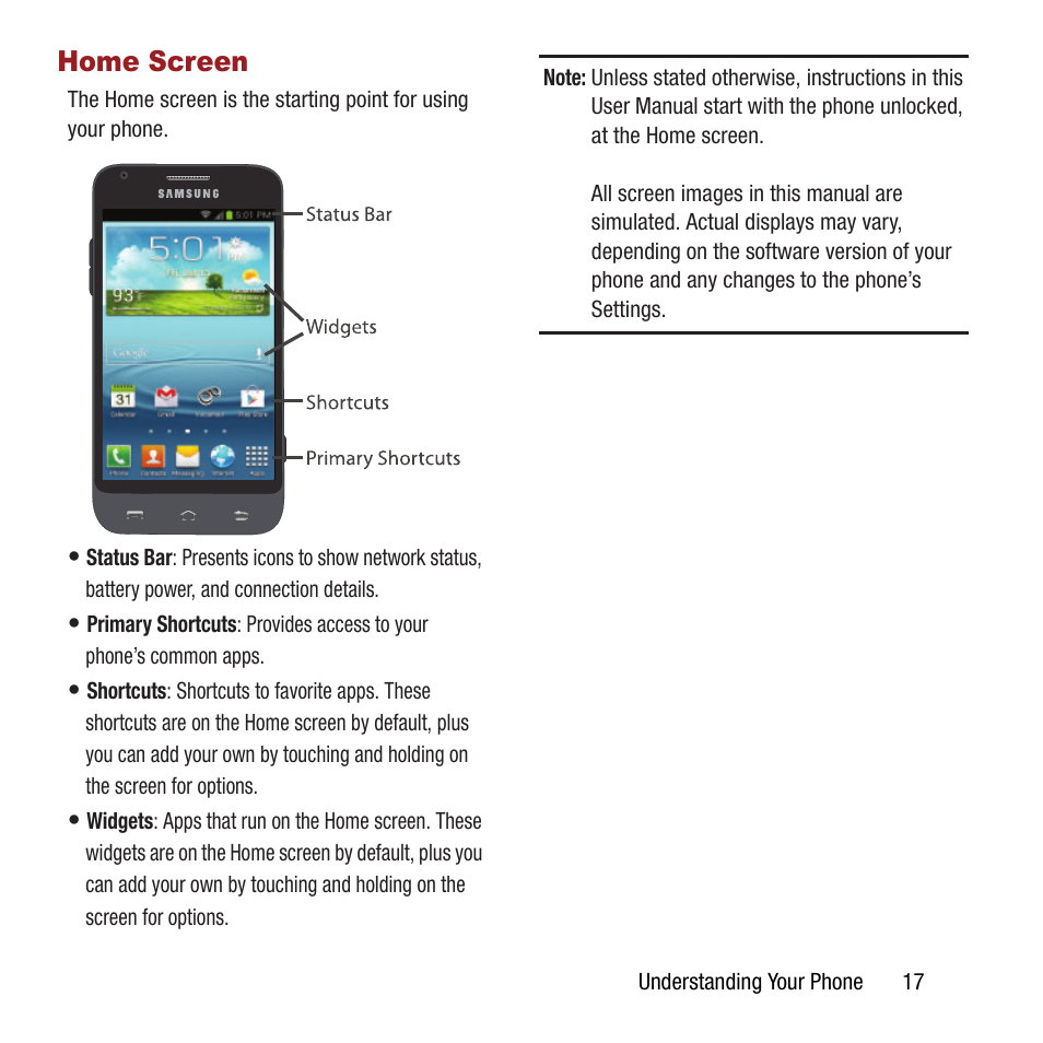 Home screen | Samsung SPH-L300ZSAVMU User Manual | Page 21 / 161