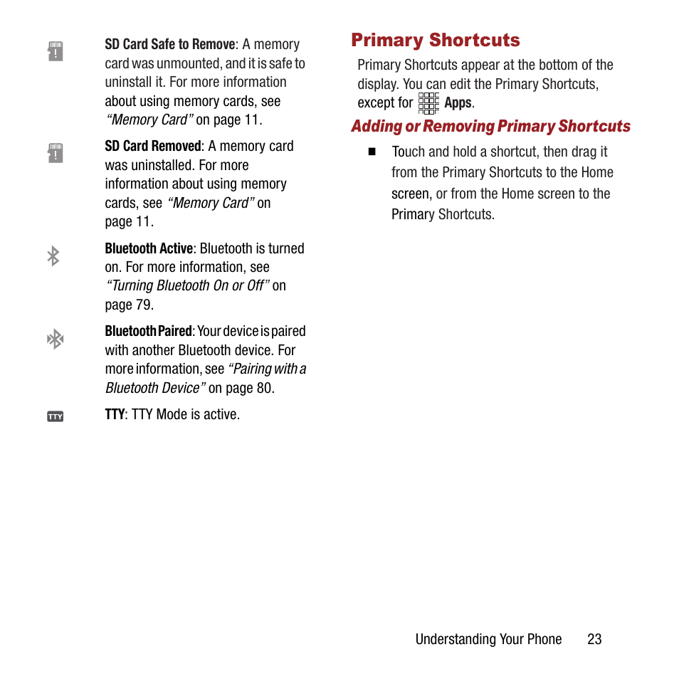 Primary shortcuts | Samsung SPH-L300ZSAVMU User Manual | Page 27 / 161