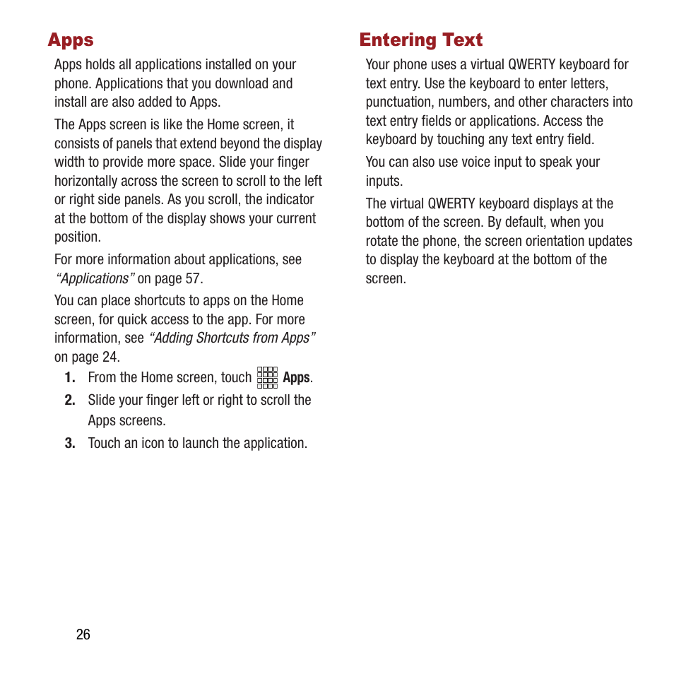 Apps, Entering text, Apps entering text | Samsung SPH-L300ZSAVMU User Manual | Page 30 / 161