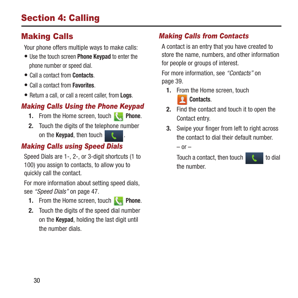 Section 4: calling, Making calls | Samsung SPH-L300ZSAVMU User Manual | Page 34 / 161