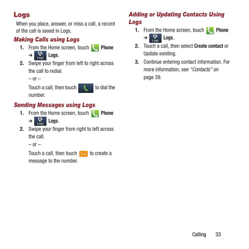 Logs | Samsung SPH-L300ZSAVMU User Manual | Page 37 / 161