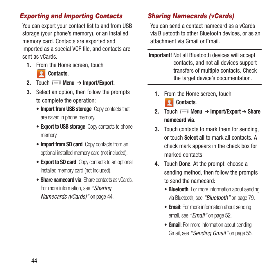 Acts, see “sharing namecards, See “sharing namecards | Samsung SPH-L300ZSAVMU User Manual | Page 48 / 161