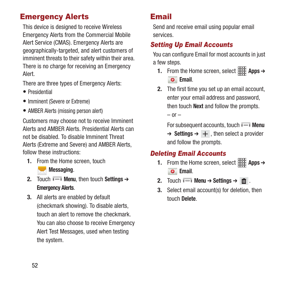 Emergency alerts, Email, Emergency alerts email | Samsung SPH-L300ZSAVMU User Manual | Page 56 / 161