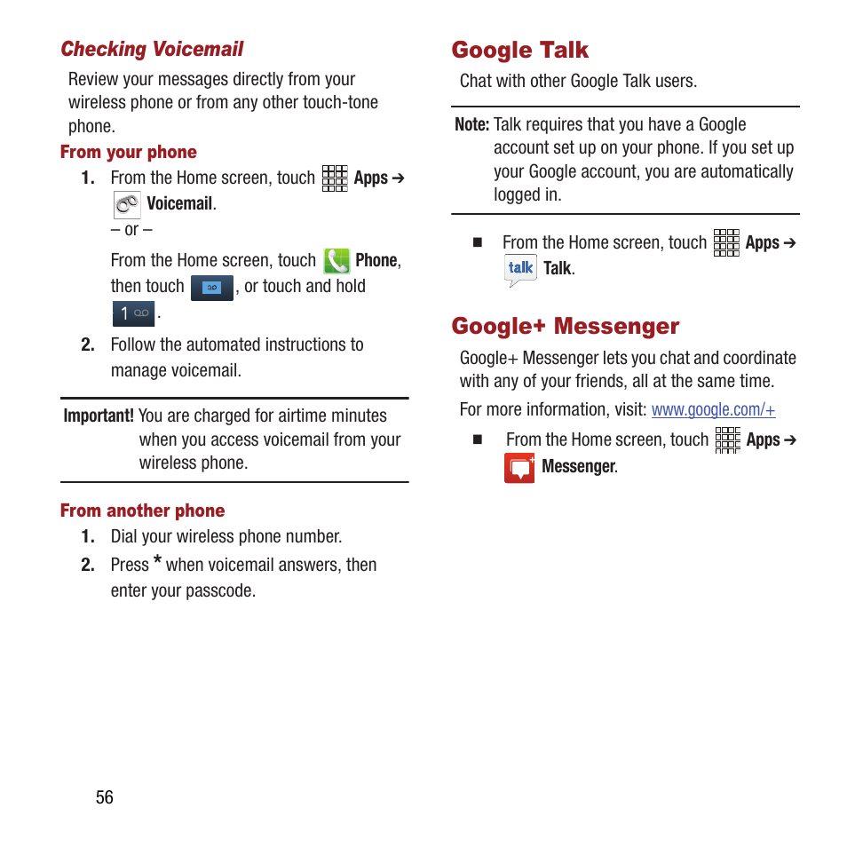 Google talk, Google+ messenger, Google talk google+ messenger | Samsung SPH-L300ZSAVMU User Manual | Page 60 / 161