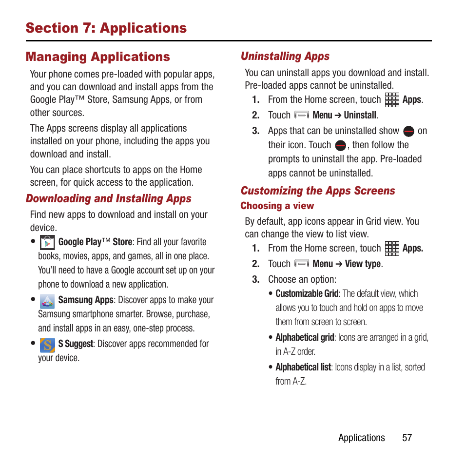 Section 7: applications, Managing applications | Samsung SPH-L300ZSAVMU User Manual | Page 61 / 161