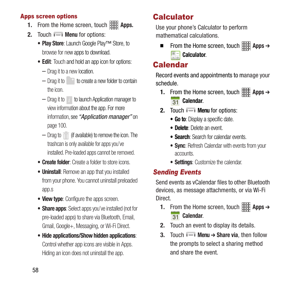 Calculator, Calendar, Calculator calendar | Samsung SPH-L300ZSAVMU User Manual | Page 62 / 161