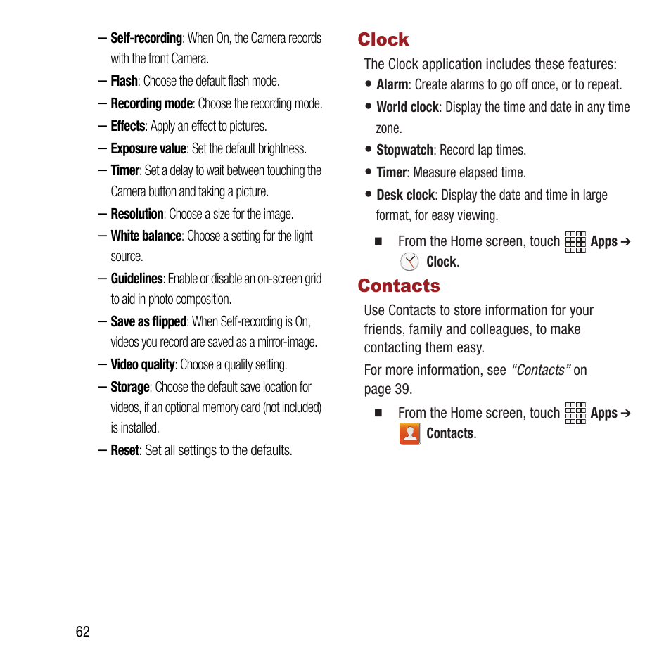 Clock, Contacts, Clock contacts | Samsung SPH-L300ZSAVMU User Manual | Page 66 / 161