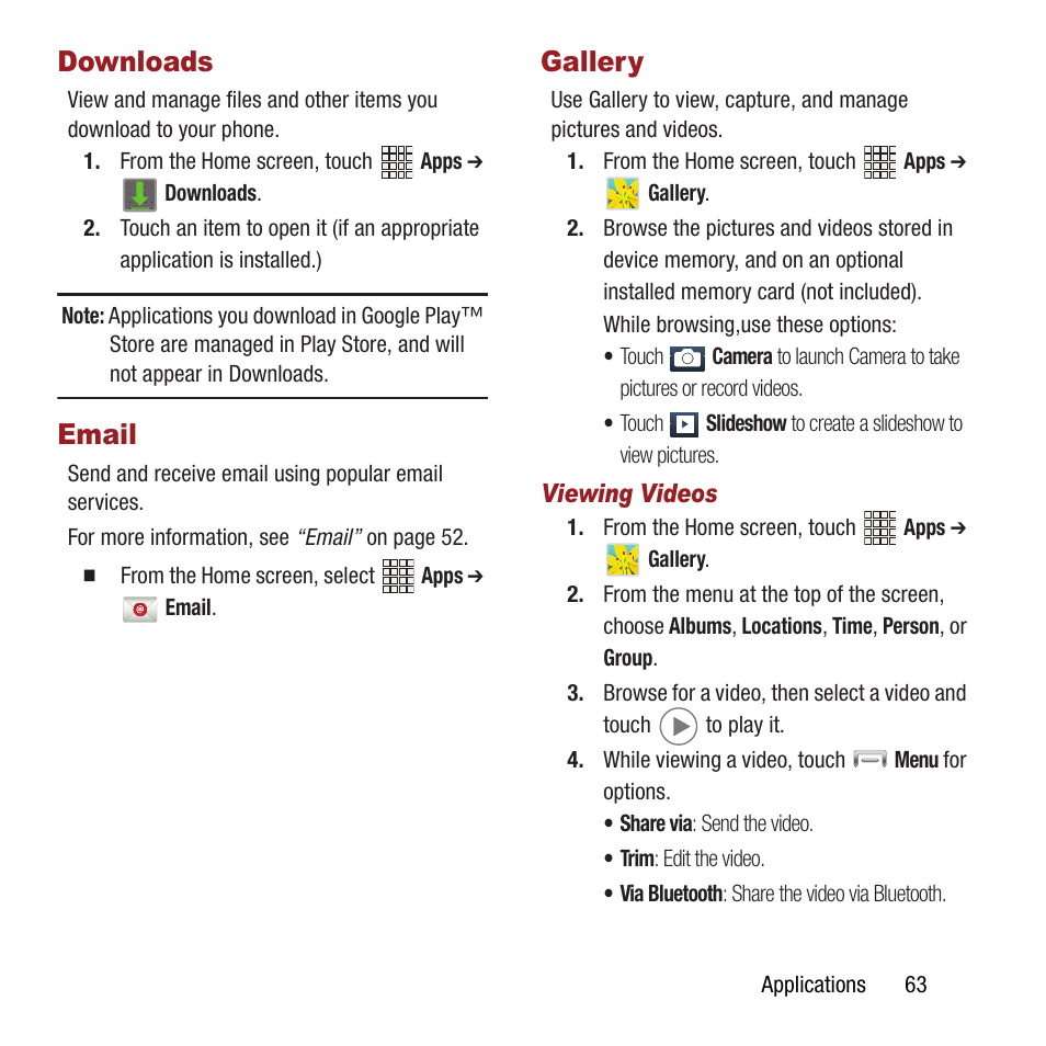 Downloads, Email, Gallery | Downloads email gallery | Samsung SPH-L300ZSAVMU User Manual | Page 67 / 161