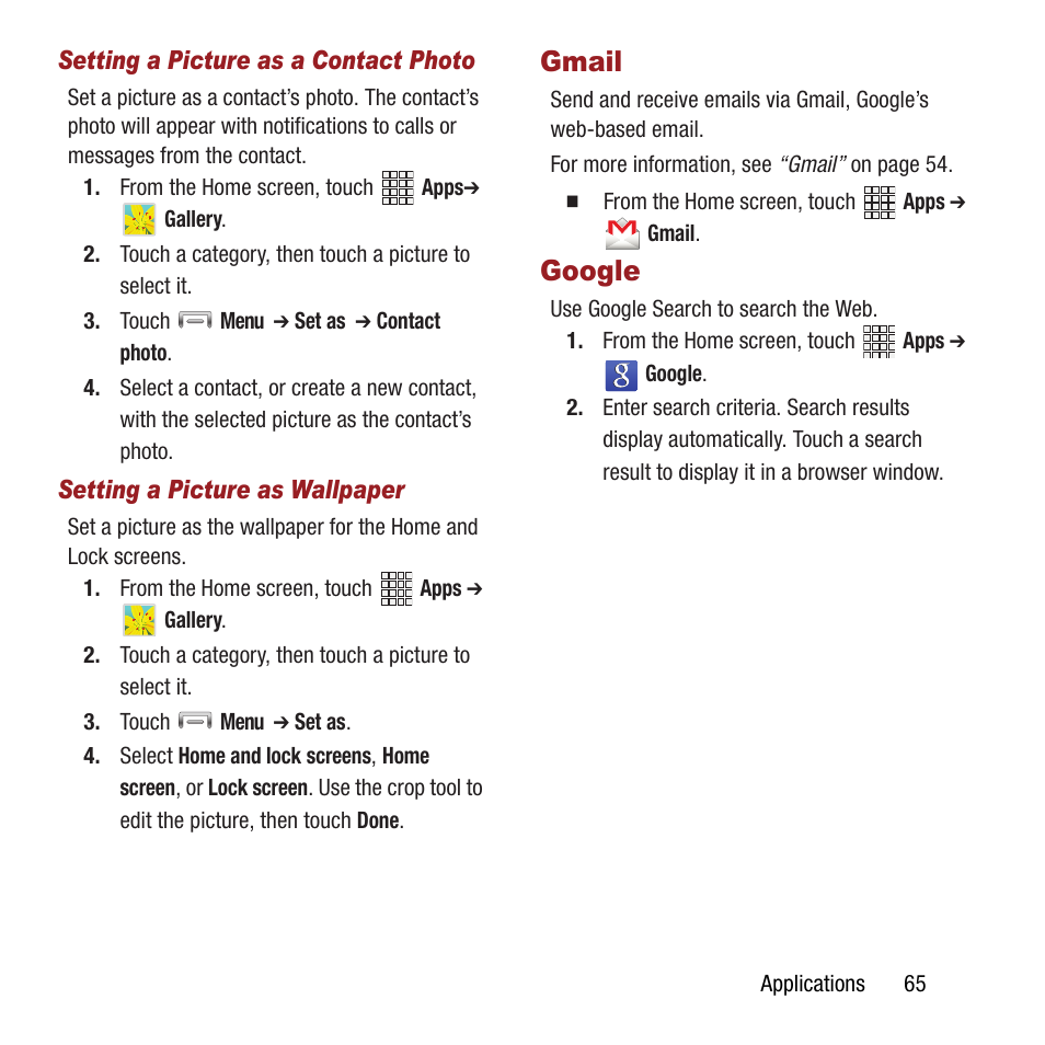 Gmail, Google, Gmail google | Samsung SPH-L300ZSAVMU User Manual | Page 69 / 161