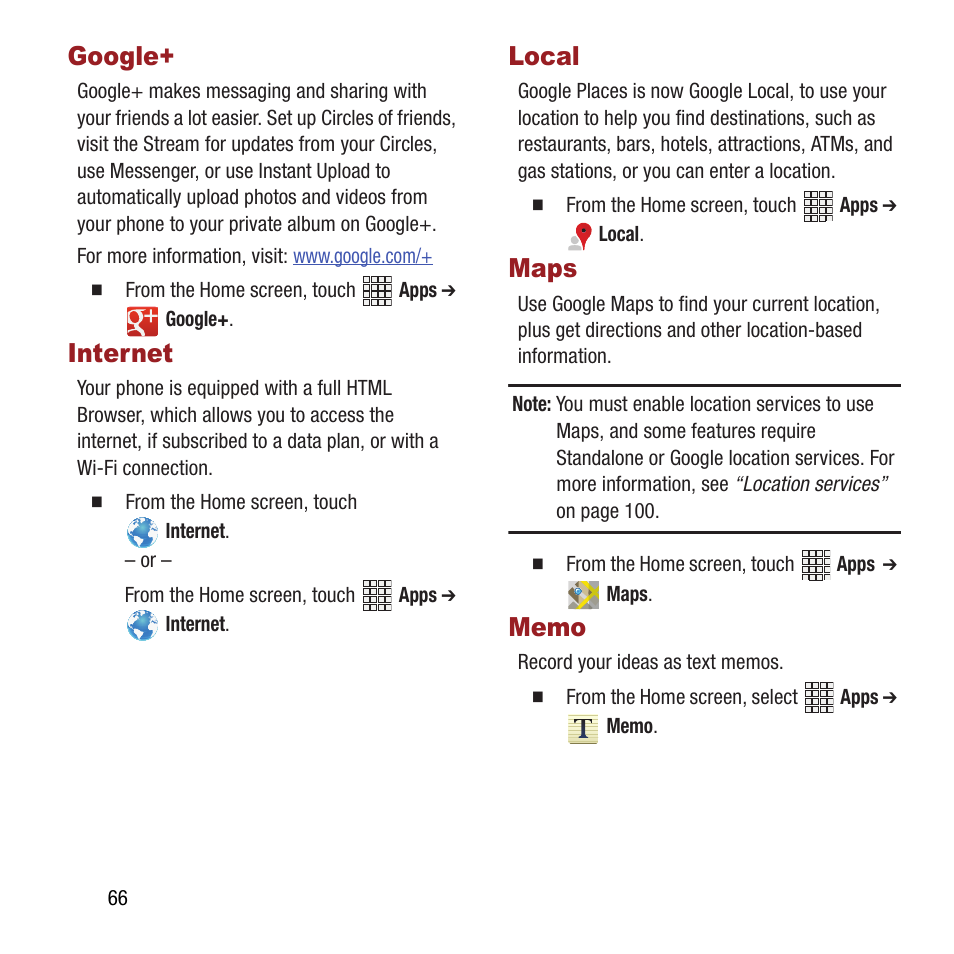 Google, Internet, Local | Maps, Memo, Google+ internet local maps memo | Samsung SPH-L300ZSAVMU User Manual | Page 70 / 161