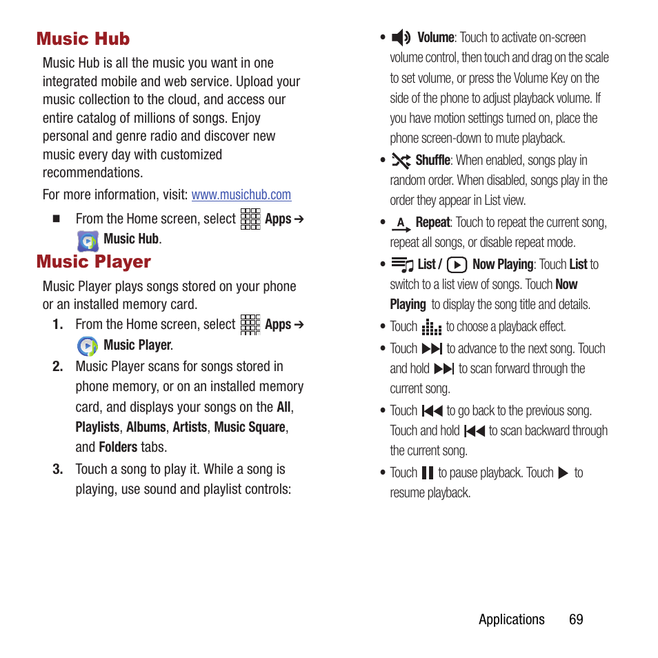 Music hub, Music player, Music hub music player | Samsung SPH-L300ZSAVMU User Manual | Page 73 / 161