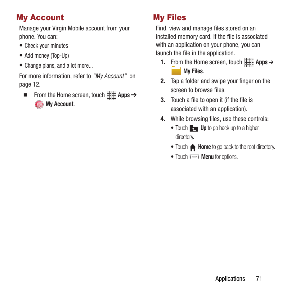 My account, My files, My account my files | Samsung SPH-L300ZSAVMU User Manual | Page 75 / 161