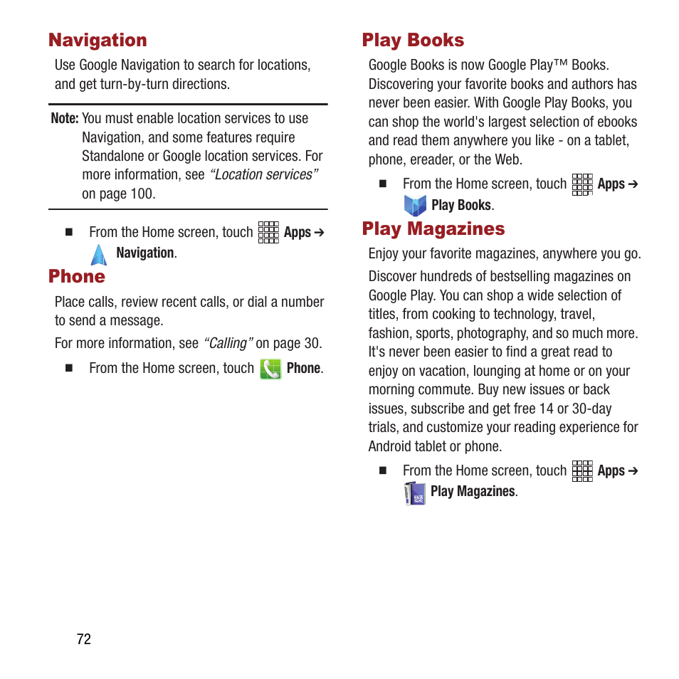 Navigation, Phone, Play books | Play magazines, Navigation phone play books play magazines | Samsung SPH-L300ZSAVMU User Manual | Page 76 / 161