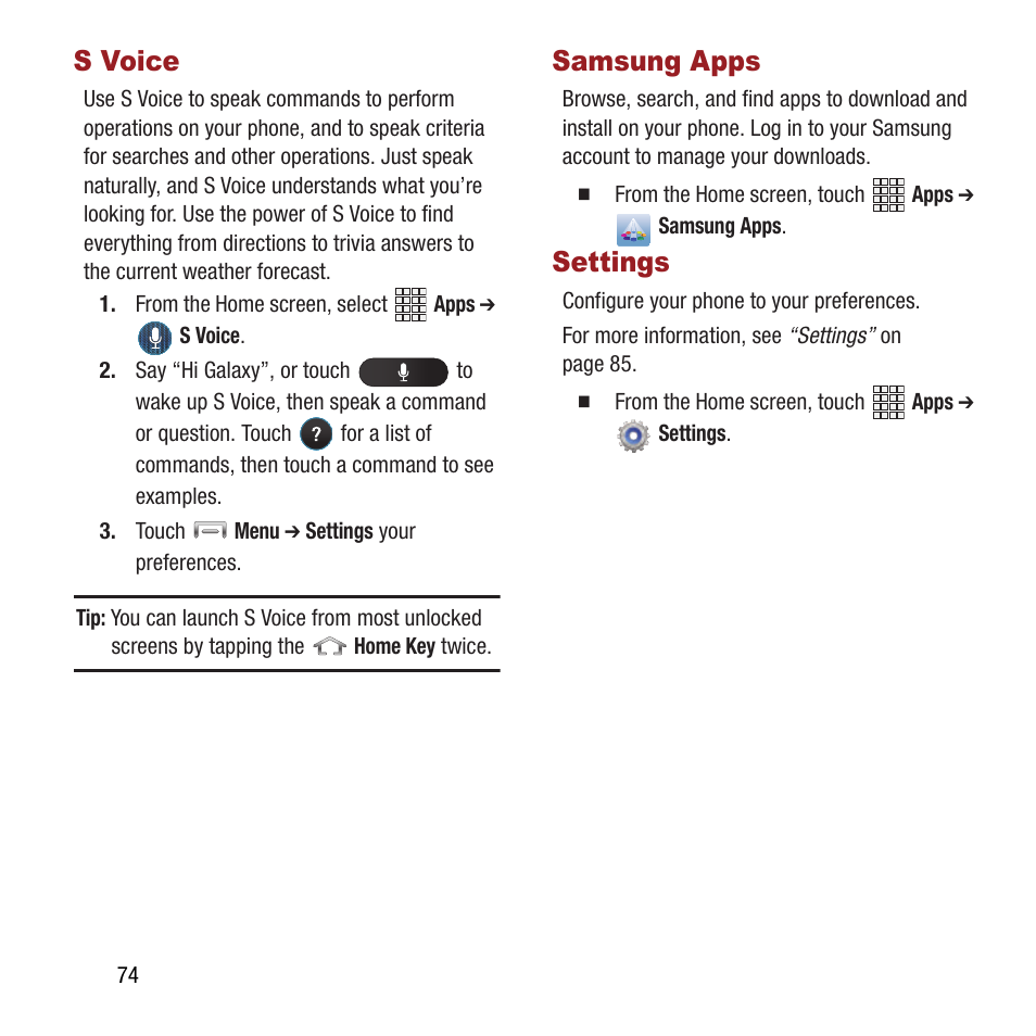 S voice, Samsung apps, Settings | S voice samsung apps settings | Samsung SPH-L300ZSAVMU User Manual | Page 78 / 161