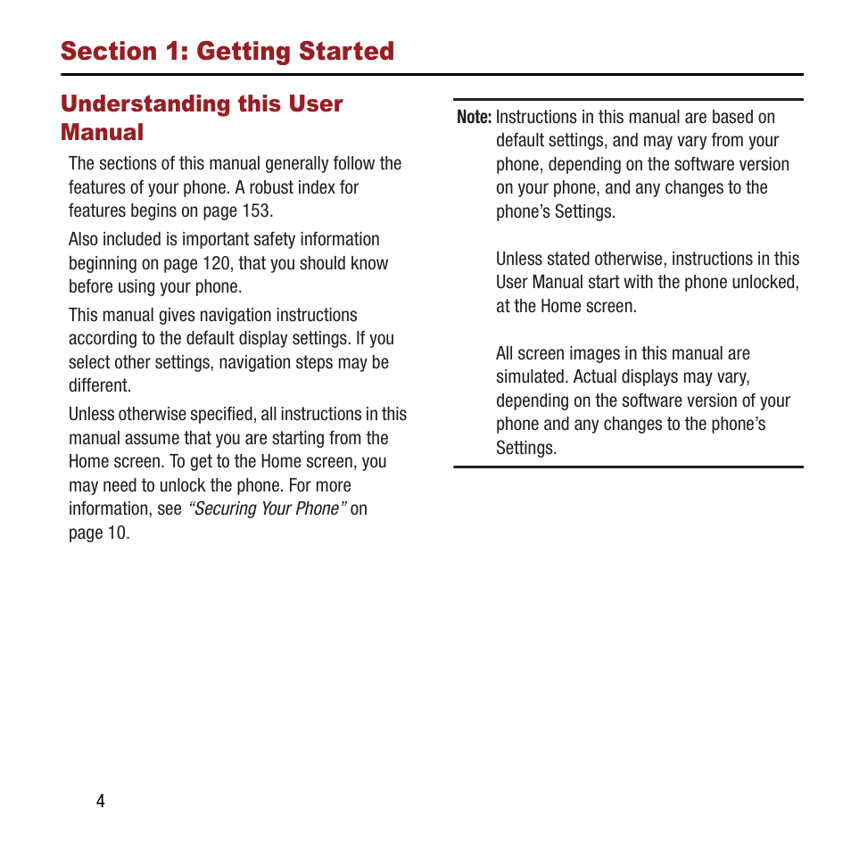 Section 1: getting started, Understanding this user manual | Samsung SPH-L300ZSAVMU User Manual | Page 8 / 161