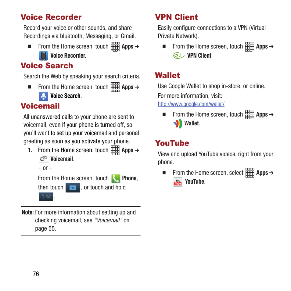 Voice recorder, Voice search, Voicemail | Vpn client, Wallet, Youtube, Voice mail | Samsung SPH-L300ZSAVMU User Manual | Page 80 / 161