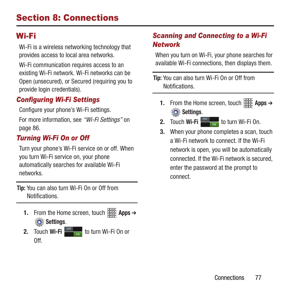 Section 8: connections, Wi-fi, See “wi-fi” on | Samsung SPH-L300ZSAVMU User Manual | Page 81 / 161