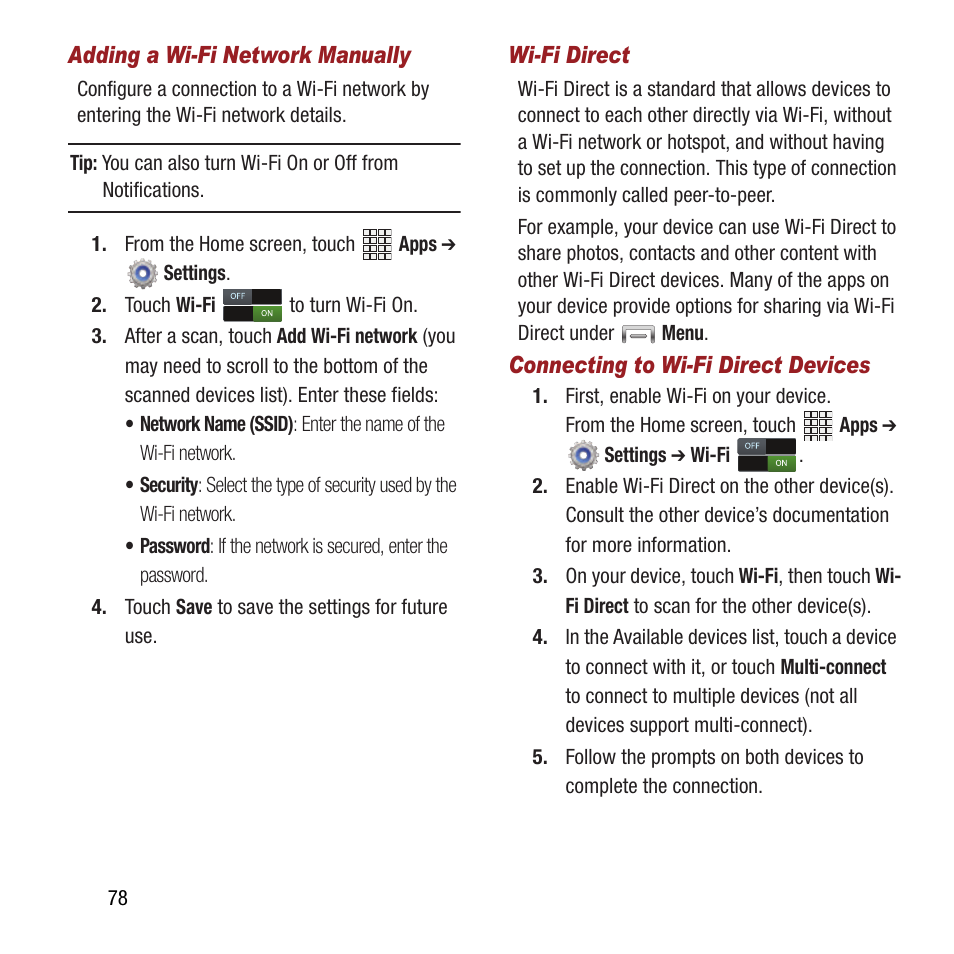 E see “wi-fi direct” on | Samsung SPH-L300ZSAVMU User Manual | Page 82 / 161