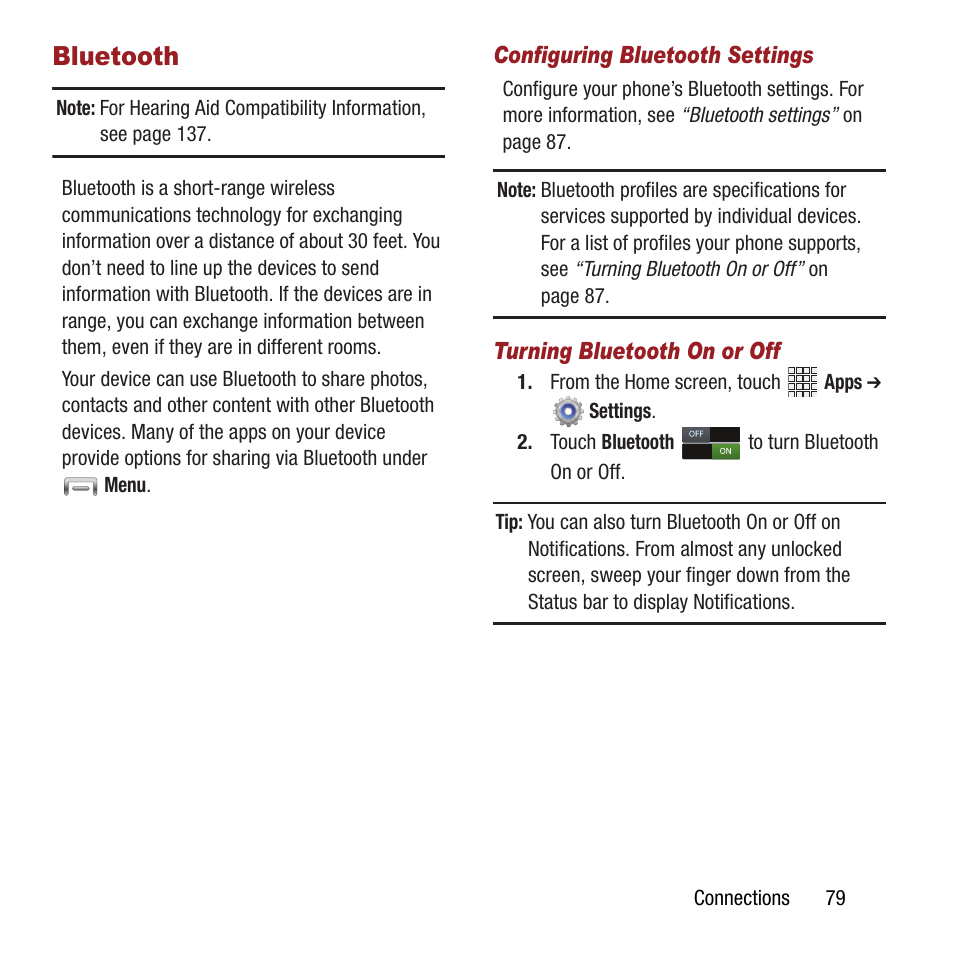 Bluetooth, Off. see, See “turning bluetooth on or off | Samsung SPH-L300ZSAVMU User Manual | Page 83 / 161