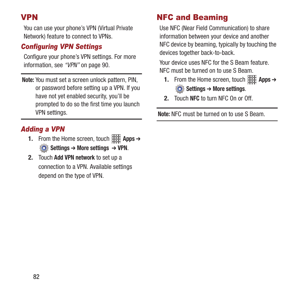 Nfc and beaming, Vpn nfc and beaming | Samsung SPH-L300ZSAVMU User Manual | Page 86 / 161