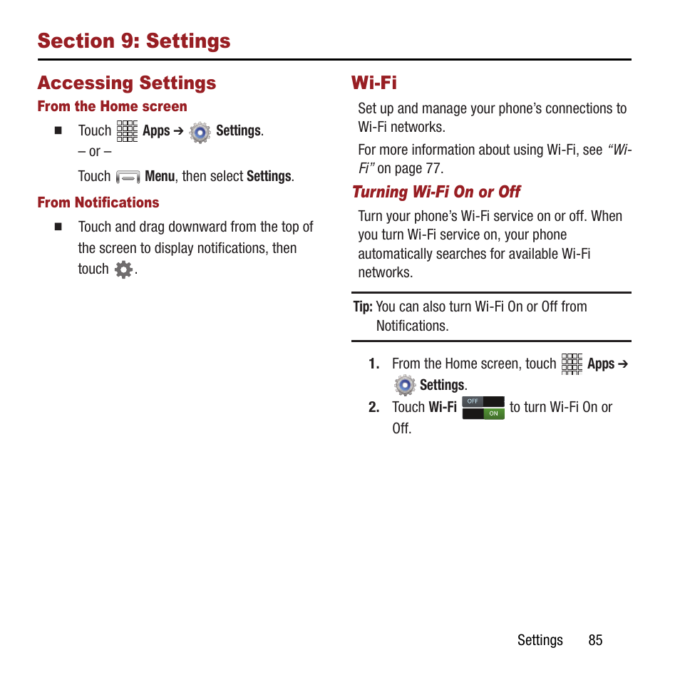 Section 9: settings, Accessing settings, Wi-fi | Accessing settings wi-fi | Samsung SPH-L300ZSAVMU User Manual | Page 89 / 161