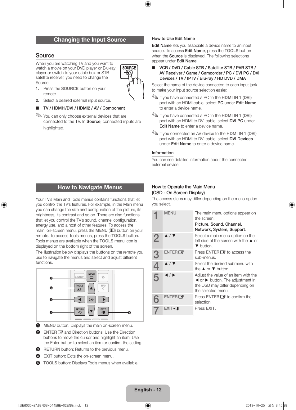 Changing the input source source, How to navigate menus | Samsung UN40FH6030FXZA User Manual | Page 12 / 23