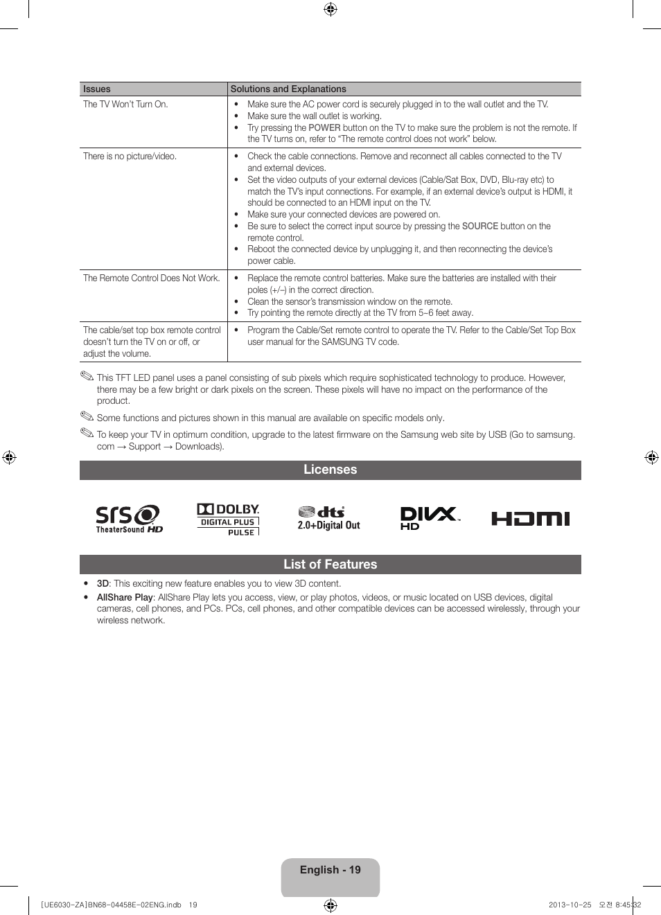 Licenses list of features | Samsung UN40FH6030FXZA User Manual | Page 19 / 23