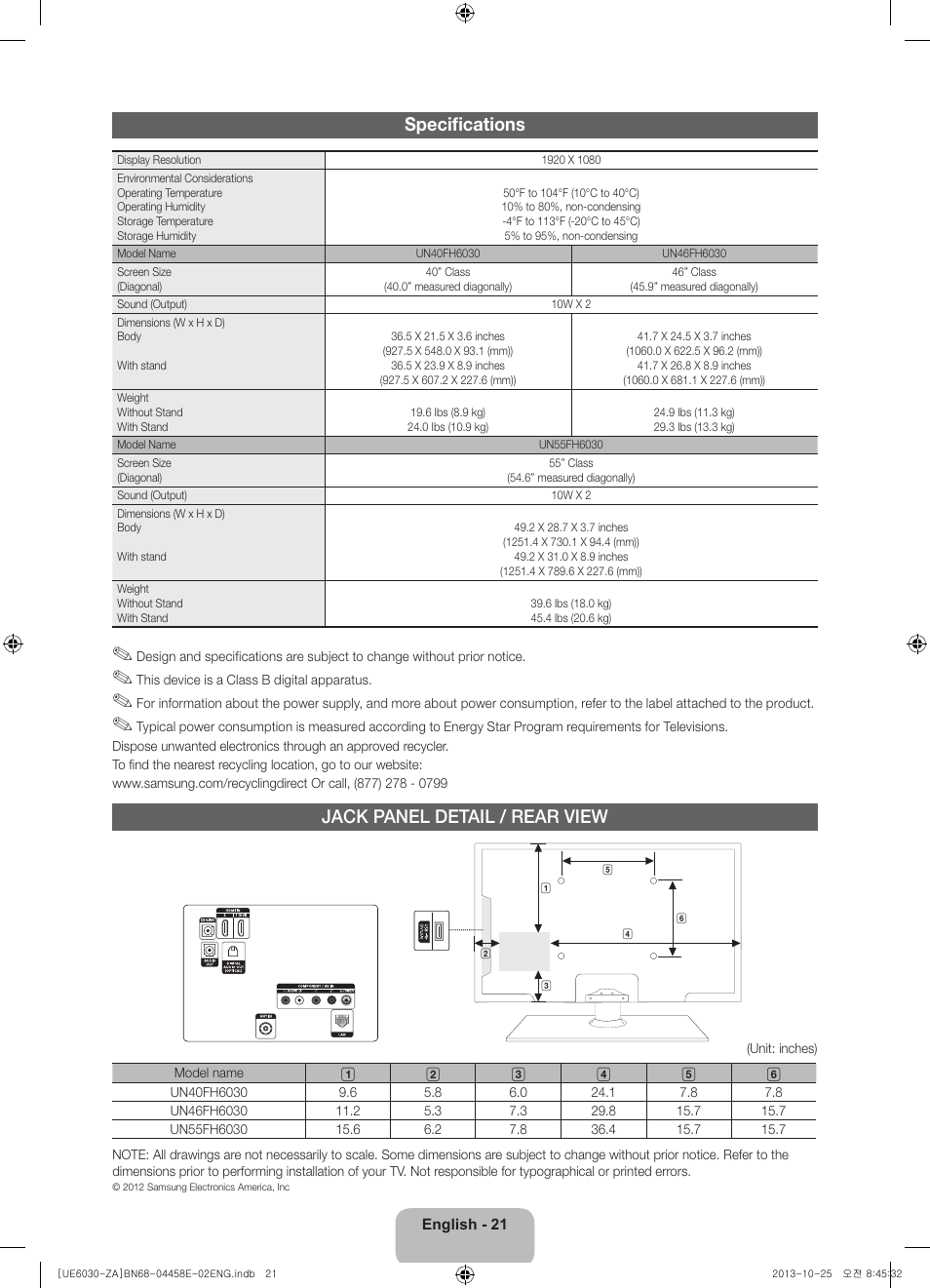 Specifications, Jack panel detail / rear view | Samsung UN40FH6030FXZA User Manual | Page 21 / 23