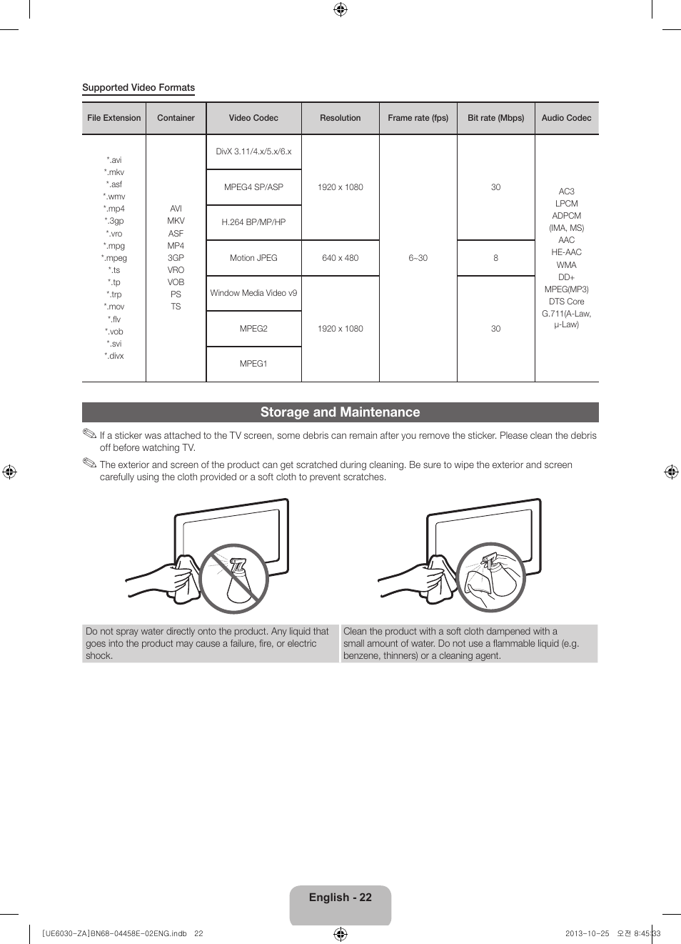 Storage and maintenance | Samsung UN40FH6030FXZA User Manual | Page 22 / 23