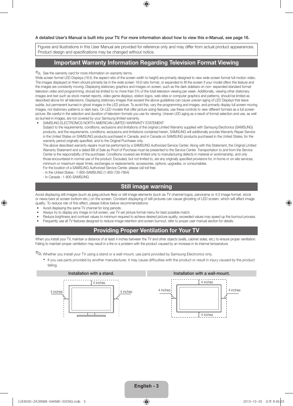 Still image warning, Providing proper ventilation for your tv | Samsung UN40FH6030FXZA User Manual | Page 3 / 23