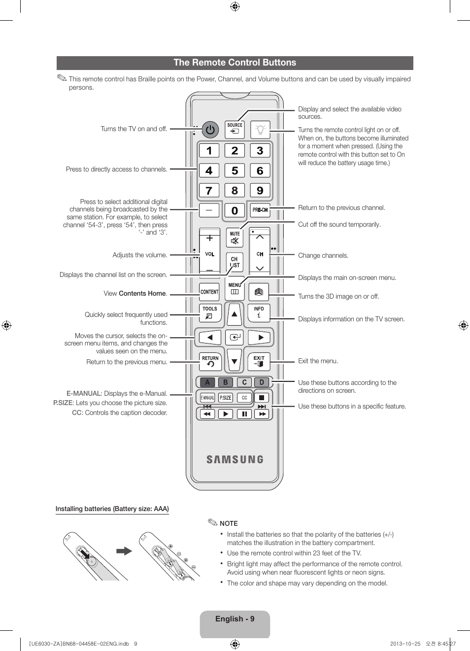 The remote control buttons | Samsung UN40FH6030FXZA User Manual | Page 9 / 23