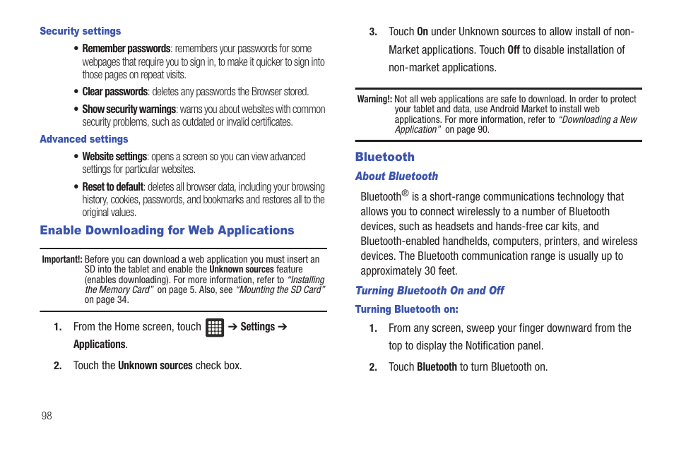 Enable downloading for web applications, Bluetooth, Enable downloading for web applications bluetooth | Samsung SGH-T849ZKDTMB User Manual | Page 102 / 158