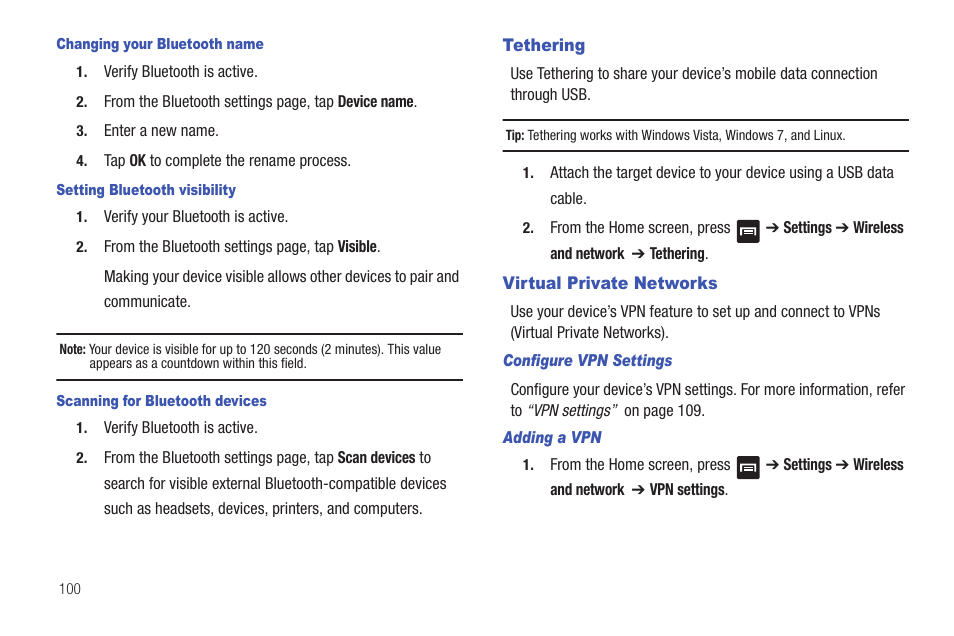 Tethering, Virtual private networks, Tethering virtual private networks | Samsung SGH-T849ZKDTMB User Manual | Page 104 / 158