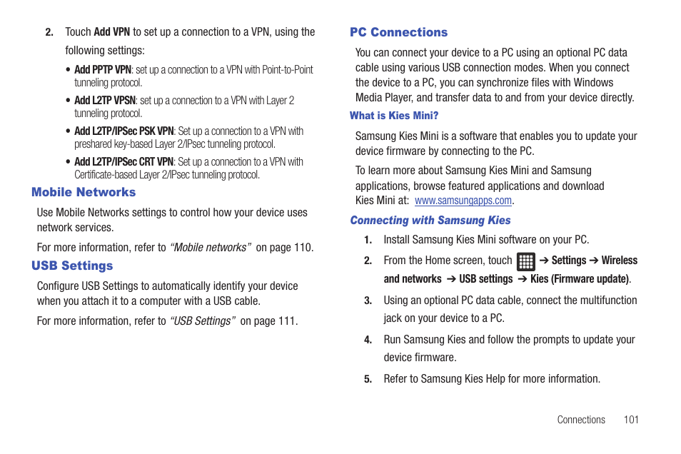 Mobile networks, Usb settings, Pc connections | Mobile networks usb settings pc connections | Samsung SGH-T849ZKDTMB User Manual | Page 105 / 158