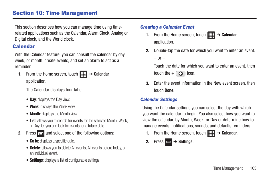 Section 10: time management, Calendar | Samsung SGH-T849ZKDTMB User Manual | Page 107 / 158