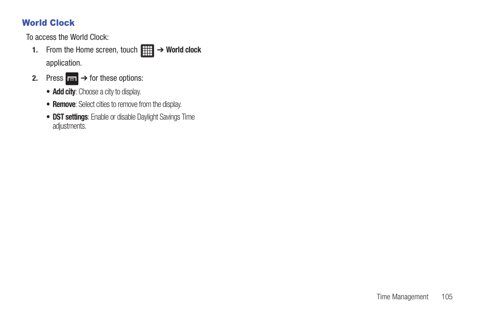 World clock | Samsung SGH-T849ZKDTMB User Manual | Page 109 / 158