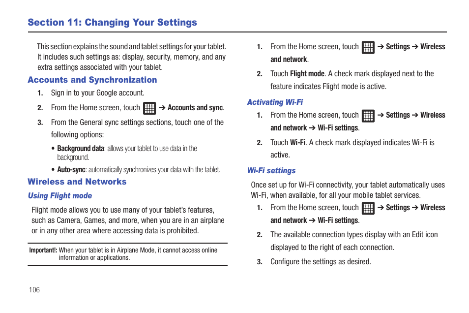 Section 11: changing your settings, Accounts and synchronization, Wireless and networks | Accounts and synchronization wireless and networks | Samsung SGH-T849ZKDTMB User Manual | Page 110 / 158