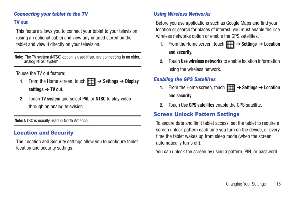 Location and security, Screen unlock pattern settings | Samsung SGH-T849ZKDTMB User Manual | Page 119 / 158