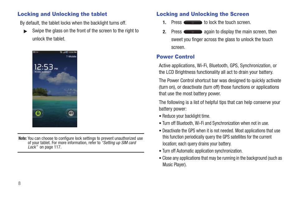 Locking and unlocking the tablet, Locking and unlocking the screen, Power control | Samsung SGH-T849ZKDTMB User Manual | Page 12 / 158