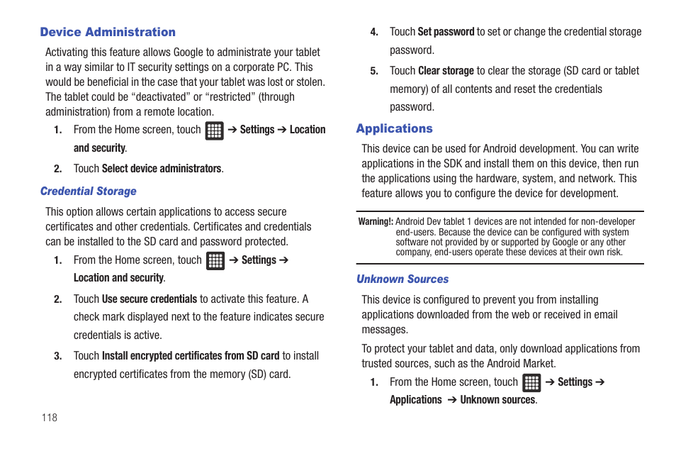 Device administration, Applications, Device administration applications | Samsung SGH-T849ZKDTMB User Manual | Page 122 / 158