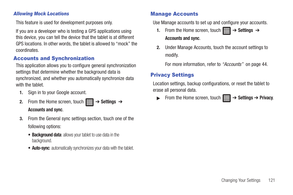 Accounts and synchronization, Manage accounts, Privacy settings | Samsung SGH-T849ZKDTMB User Manual | Page 125 / 158