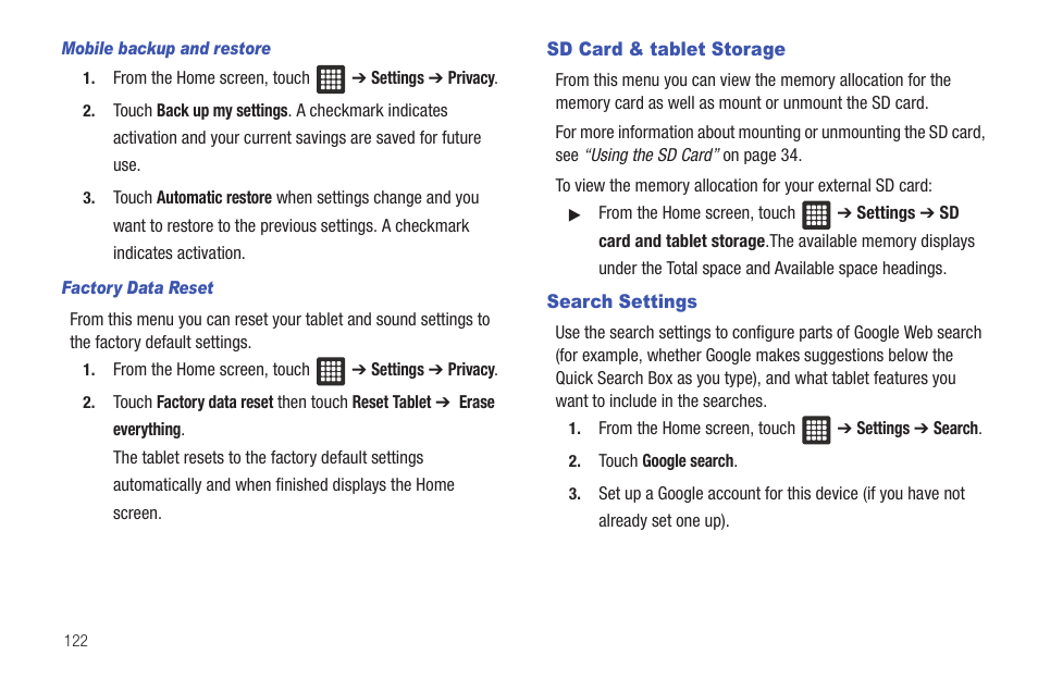 Sd card & tablet storage, Search settings, Sd card & tablet storage search settings | Samsung SGH-T849ZKDTMB User Manual | Page 126 / 158