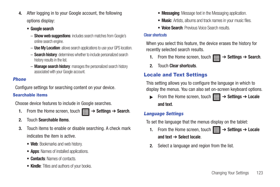 Locale and text settings | Samsung SGH-T849ZKDTMB User Manual | Page 127 / 158