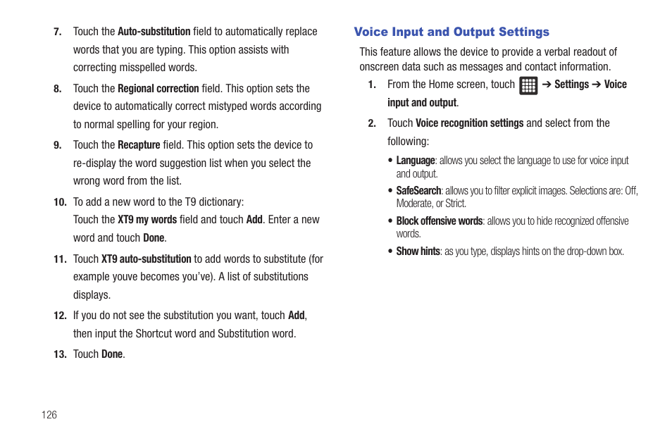 Voice input and output settings | Samsung SGH-T849ZKDTMB User Manual | Page 130 / 158