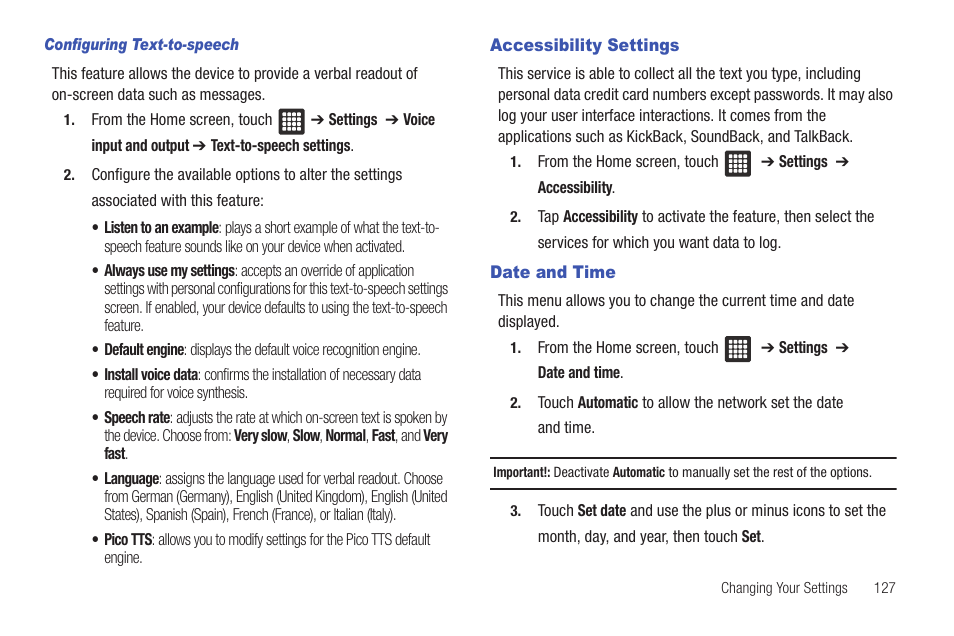 Accessibility settings, Date and time, Accessibility settings date and time | Samsung SGH-T849ZKDTMB User Manual | Page 131 / 158